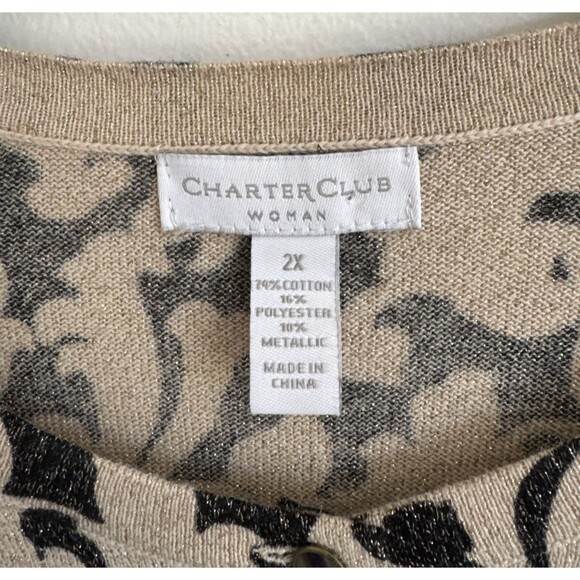 Charter Club Cardigan Sweater Black & Tan Floral Metallic Woman 2X - Picture 3 of 13